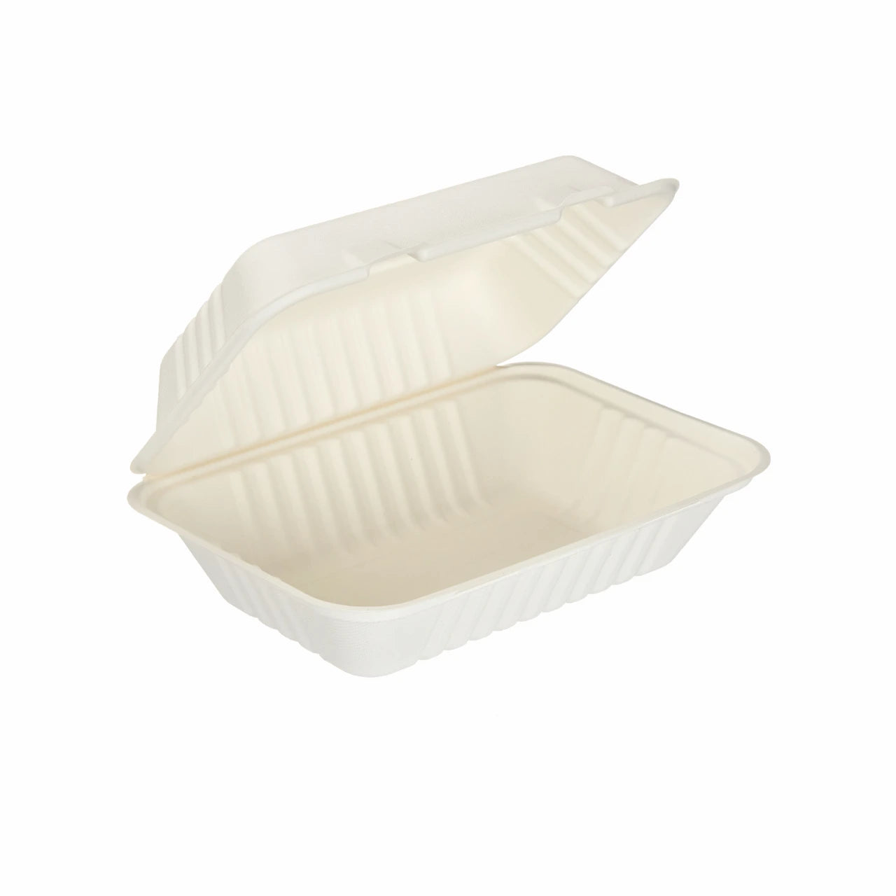 Large Bagasse Moulded Fibre Clamshell Hinged Meal Boxes - 9" x 6" (Box of 125 or 250)