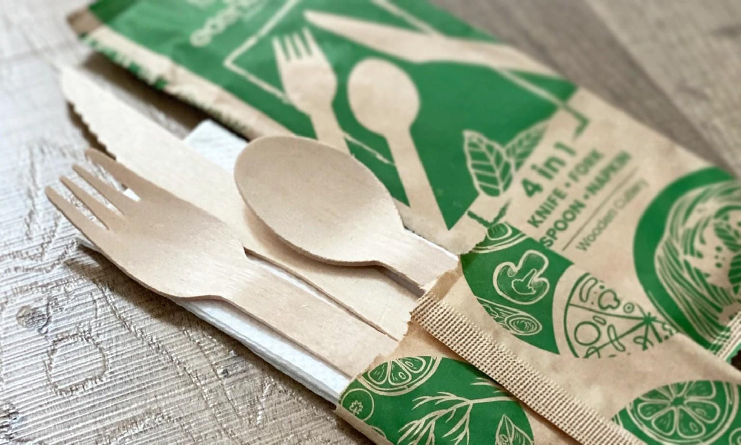 Wooden Cutlery Set (Knife/Fork/Napkin) - (100 or 500 pack)