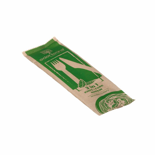 Wooden Cutlery Set (Knife/Fork/Napkin) - (100 or 500 pack)